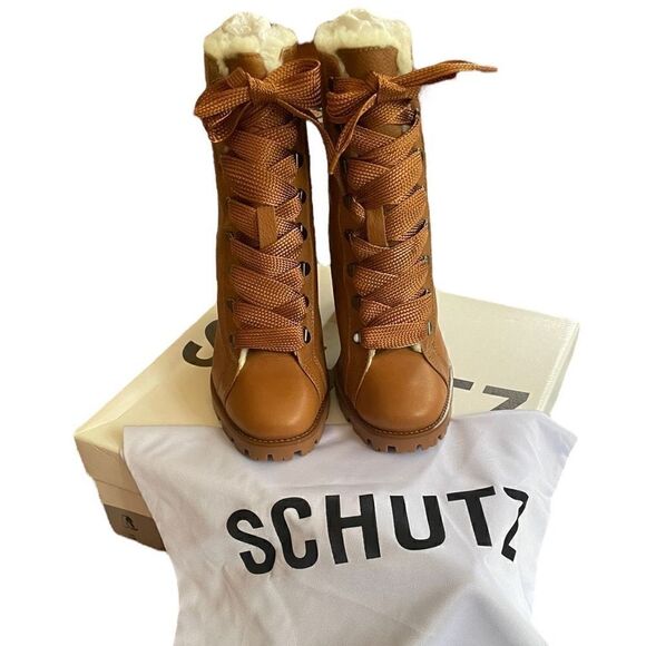 NIB Schutz Zhara Winter Leather Heeled Booties With Faux Fur Lining Size 8.5 - Picture 13 of 16
